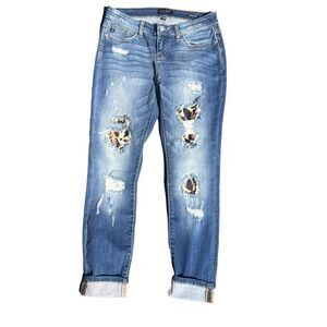 Judy Blue Jeans Skinny Fit 7/28 Stretch Distressed Leopard Patch Mid Rise Denim